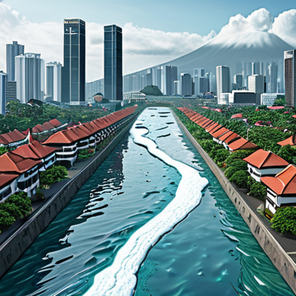 A vibrant illustration depicting a flooded coastal city (e.g., Jakarta) with a visible sea wall protecting part of it. In the background, show melting glaciers and rising sea levels. Include both modern buildings and traditional Indonesian architecture. The image should convey a sense of urgency and the impact of climate change.