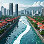 A vibrant illustration depicting a flooded coastal city (e.g., Jakarta) with a visible sea wall protecting part of it. In the background, show melting glaciers and rising sea levels. Include both modern buildings and traditional Indonesian architecture. The image should convey a sense of urgency and the impact of climate change.