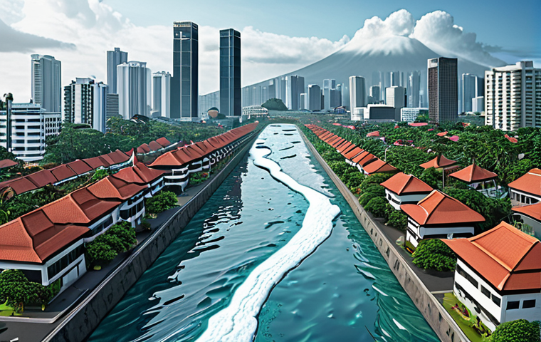 A vibrant illustration depicting a flooded coastal city (e.g., Jakarta) with a visible sea wall protecting part of it. In the background, show melting glaciers and rising sea levels. Include both modern buildings and traditional Indonesian architecture. The image should convey a sense of urgency and the impact of climate change.