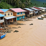 **A coastal village in Terengganu, Malaysia, experiencing a flash flood due to rising sea levels. Damaged houses and fishing boats are visible, with villagers struggling to cope with the disaster.** (This illustrates the impact of rising sea levels on Malaysian communities.)