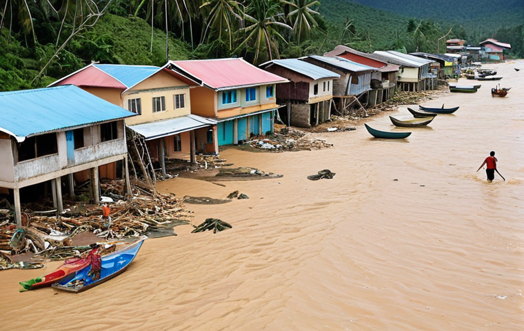 **A coastal village in Terengganu, Malaysia, experiencing a flash flood due to rising sea levels. Damaged houses and fishing boats are visible, with villagers struggling to cope with the disaster.** (This illustrates the impact of rising sea levels on Malaysian communities.)