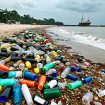 A polluted beach in Port Dickson, Malaysia, filled with various plastic waste like bottles and bags, under a gloomy sky. Focus on the contrast between the natural beauty of the beach and the overwhelming plastic pollution.